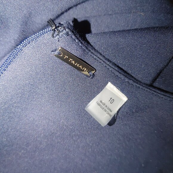 T Tahari Size 10 Dress Navy Blue Sleeveless Bodycon Style  Sheer Striped Detail - Picture 3 of 10